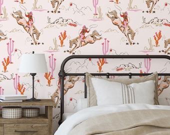 Coral Rodeo Wallpaper. Girly Western Theme. Cowgirl Wallpaper. Country Style Wall Decor. Removable Wallpaper. Accent Wall. Cowgirl Decor