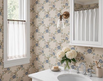 Muted Blue and Green Trellis Floral Wallpaper, Vintage Cottage Wallpaper, Farmhouse Floral Wallpaper, Traditional, Nursery, Bathroom Decor