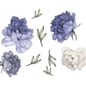 May include: Watercolor illustration of blue and white peonies with green leaves. The flowers are arranged in a cluster and are surrounded by leaves. The flowers are painted in a realistic style and have a soft, delicate look.