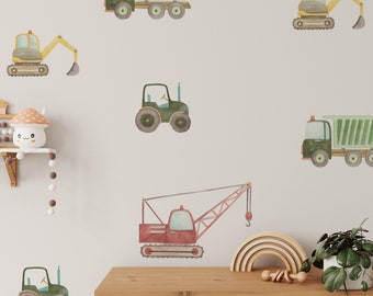 Watercolor Construction Truck Wall Stickers- Vibrant Tractor, Excavator, Dump Truck, and Crane Stickers for Kids Rooms, Boy Room Wall decals