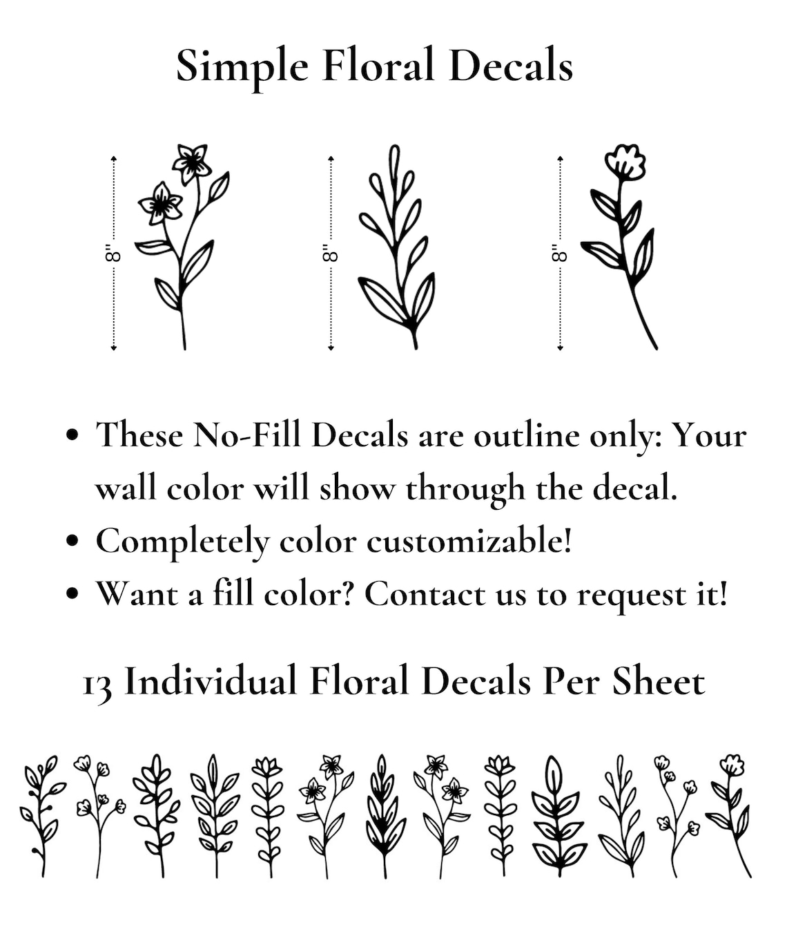 Simple Floral Wall Decals, Botanical Outline Decals, Removable Boho ...