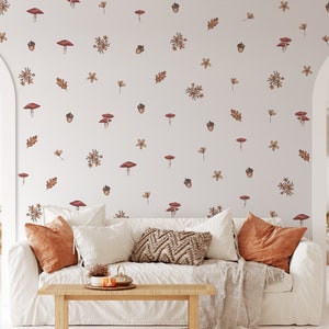 Removable peel and stick wall decals in a woodland forest theme featuring acorns, flowers, leaves and mushrooms