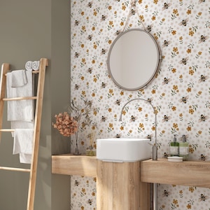 Busy Bee Wallpaper, Bumblebee Floral Wallpaper, Cottage core Kitchen Decor, Spring Wall Mural, Peel and Stick or Traditional Unpasted, Bees