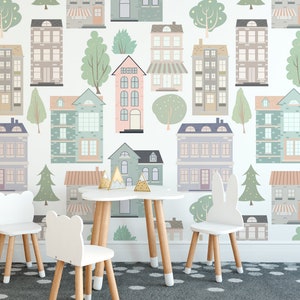 European Houses Wallpaper, Playroom Wall Mural, Kids Room Decor, Peel and Stick Wallpaper, Traditional Wallpaper, Cityscape Design