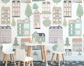 Behang Europese huizen, muurschildering speelkamer, kinderkamerdecor, Peel and Stick-behang, traditioneel behang, stadsgezicht