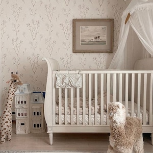 Thornhill |  Décoration blanche pour chambre d'enfant, décoration grise blanche, art mural, art mural pour chambre d'enfant, papier peint à fleurs, papier peint à fleurs simple