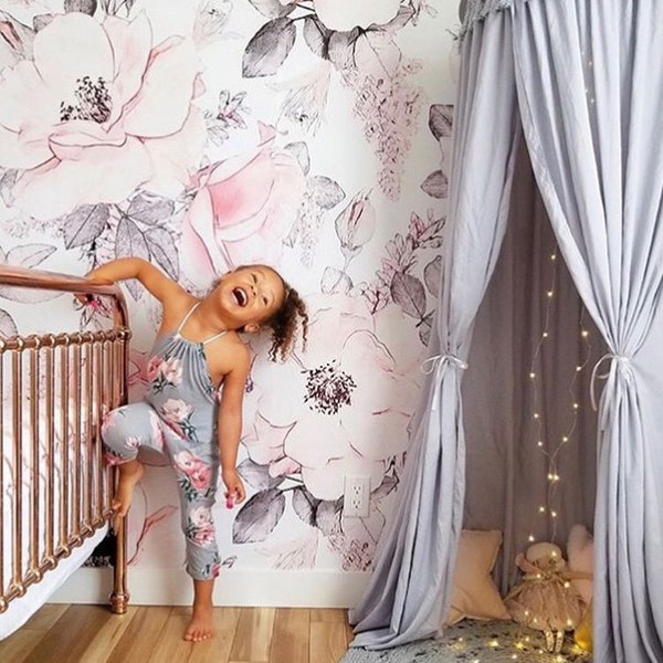 Snowy Rose Wallpaper. Wallpaper for baby room. Kids Room "Floral". Reusable Wallpaper. Washable. Removable. Kids Wallpaper. Vintage.