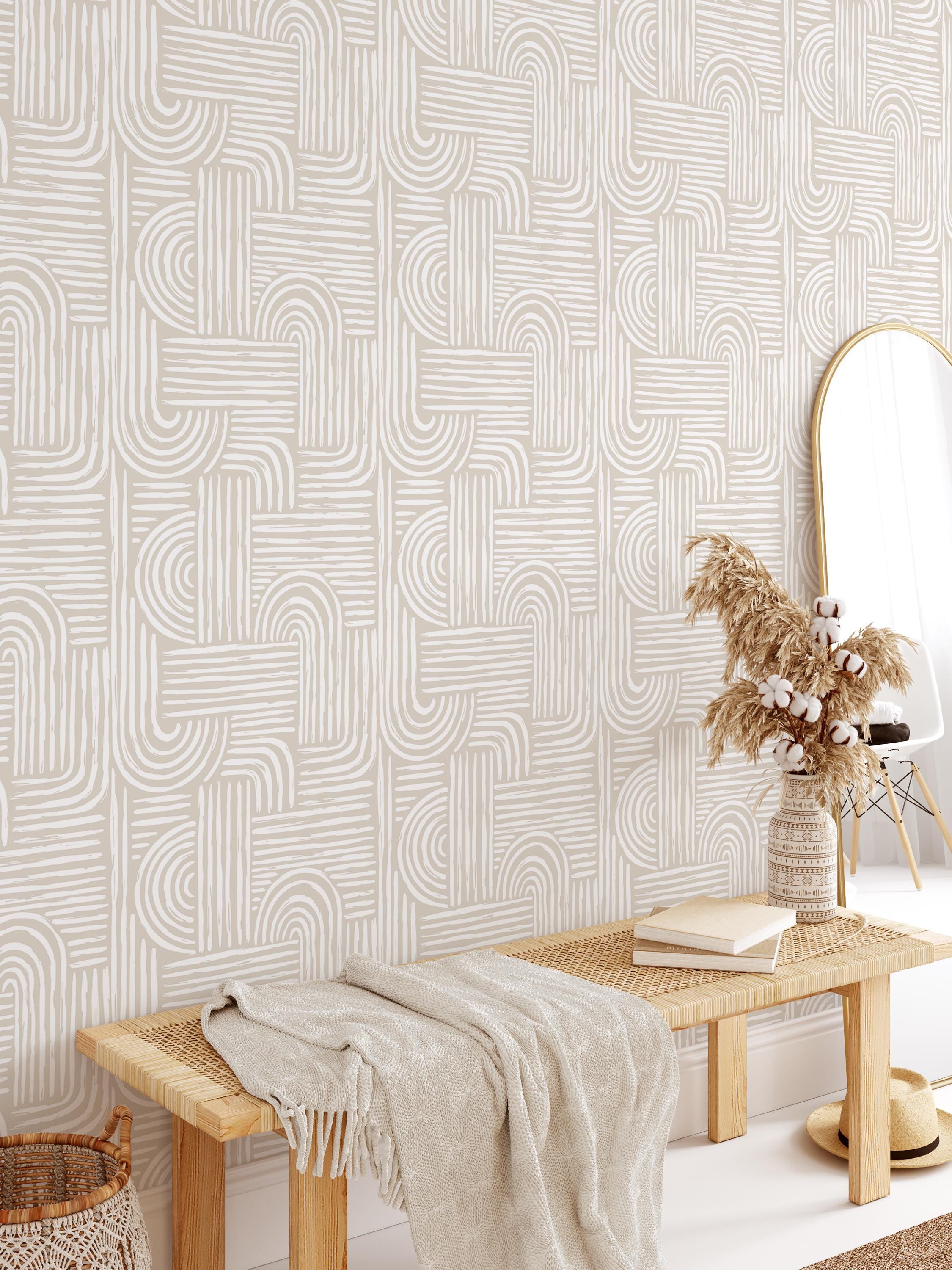 Abstract Geometric Wallpaper, Neutral Boho Wall Mural, Modern Textured Design, Peel and Stick or Traditional Wallpaper, Minimalist Accent