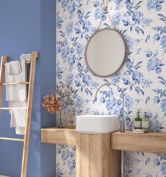 Blue Garden Toile Wallpaper, Blue Floral Wallpaper, Cottage Floral