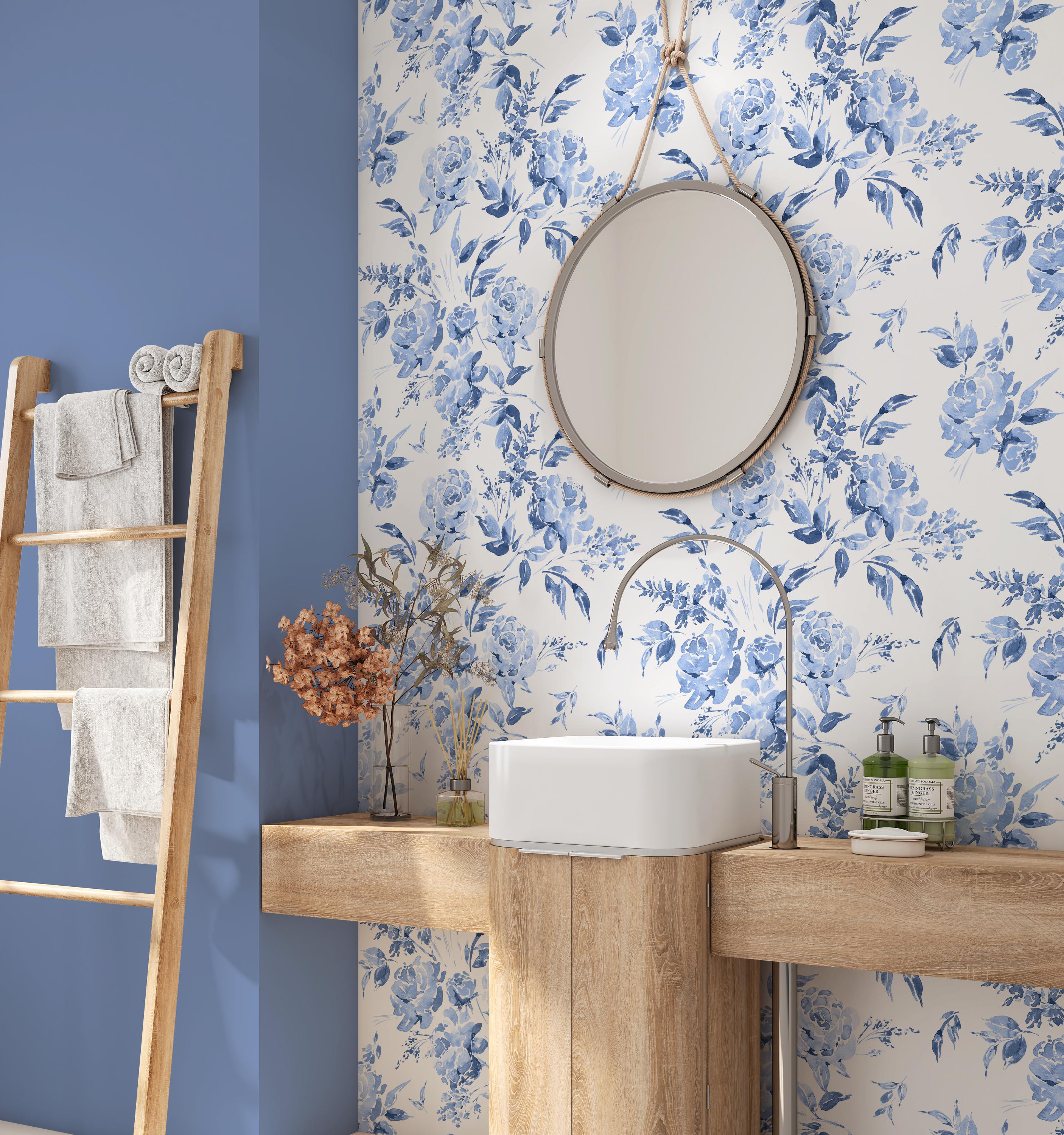 Blue Wallpaper, Watercolor Flower Wallpaper, Blue and White Wallpaper, Peel and Stick, Traditional, Removable Wallpaper, Blue Floral Decor