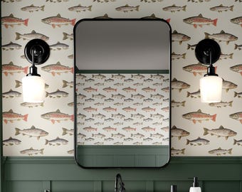 Anglers Trout Wallpaper, Trout Wallpaper, Fishing Cabin Decor, Lake House Wallpaper, Rainbow Trout Wallpaper