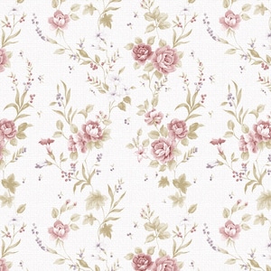 May include: A seamless pattern featuring delicate pink roses and green leaves on a white background. The floral design is repeated throughout the image, creating a romantic and vintage aesthetic.