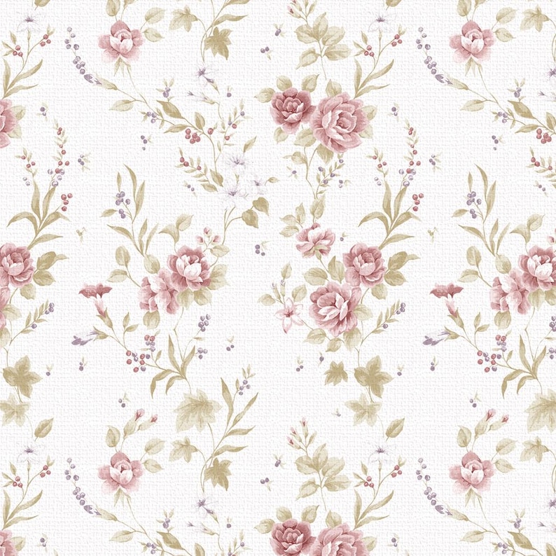 May include: A seamless pattern featuring delicate pink roses and green leaves on a white background. The floral design is repeated throughout the image, creating a romantic and vintage aesthetic.