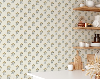 Yellow Block Print Floral Wallpaper - Vintage Style Yellow Floral Pattern Wallpaper, Farmhouse Floral, Kitchen wallpaper, Yellow home decor