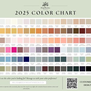 May include: A color chart with 100 different colors, each with a corresponding hex code. The chart is labeled "2025 Color Chart" and includes the text "Don't see the color you're looking for? Message us with your color preference!" and "MELISSA@ROCKYMOUNTAINDECALS.CA".