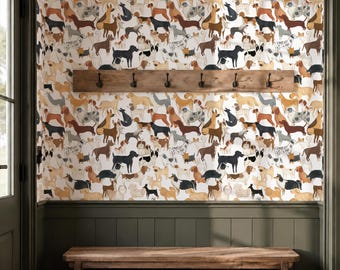 May include: A wooden bench with two woven baskets, a pair of shoes, and a pair of tall boots underneath. Above the bench, a wooden coat rack with six hooks is mounted on a wall covered in wallpaper featuring a repeating pattern of various dog breeds.