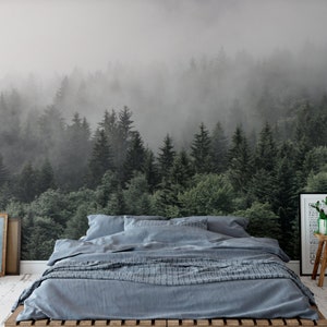 The Mountains Are Calling Wallpaper Mural, Foggy Mountain, Wall Mural, Romantic Smoky, Wall Decal, Hill, Wall Covering, Mist, Trees
