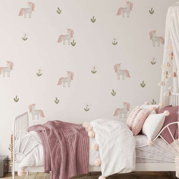 Unicorn Wall Decals, Unicorn Flower Decals, Wild Horse Decals, Unicorn Wall Decor, Horse Wall Decals, Flower Sticker, Unicorn Wall Sticker,