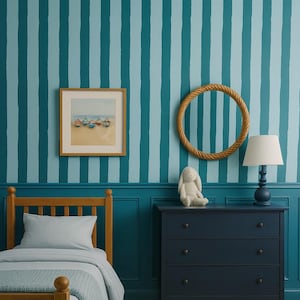 Classic Stripe Wallpaper, Blue Stripe Wall Mural, Kid Room Wallpaper, Nautical Wall Decor, Vertical Stripe Accent Wall, Modern Coastal Style