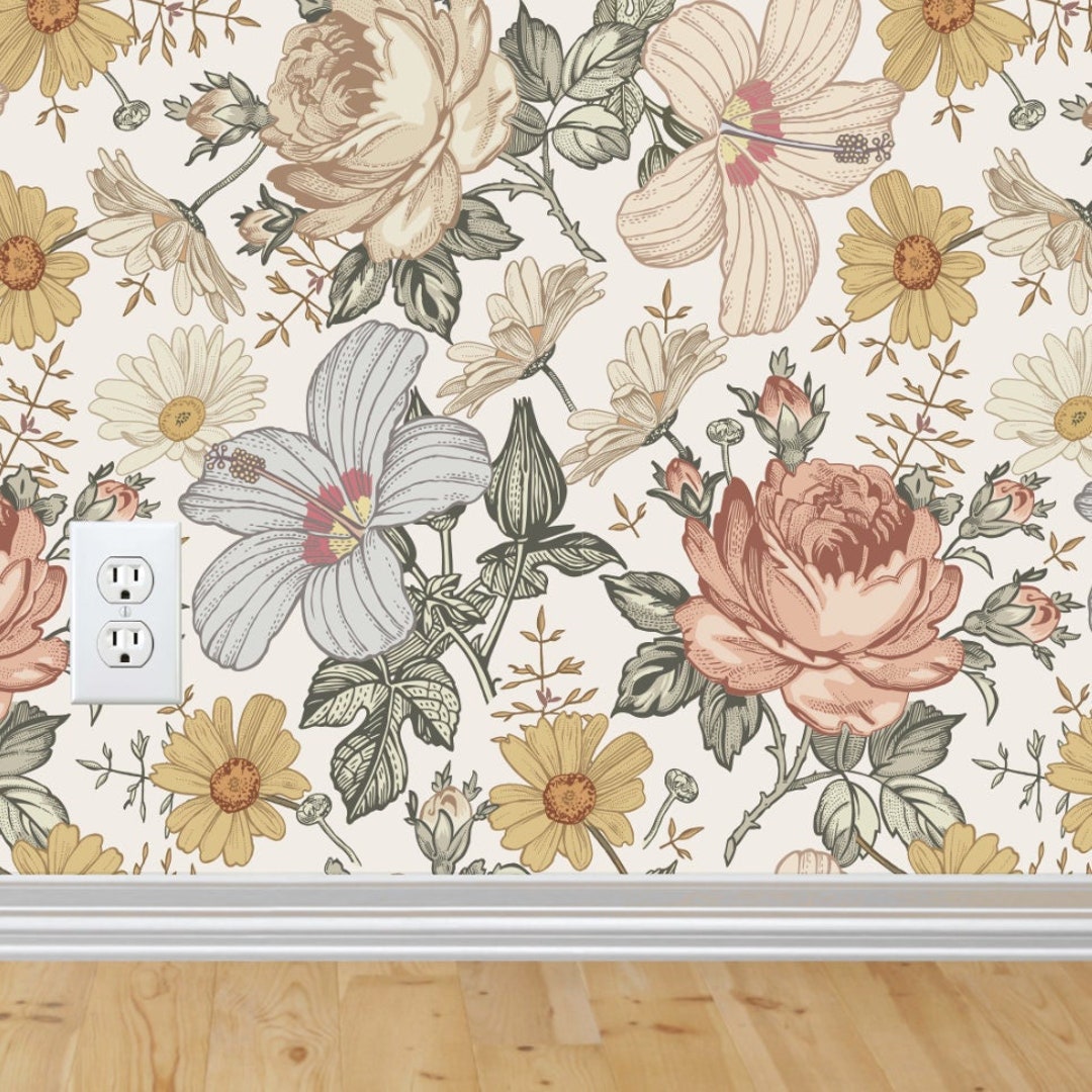 Vintage Floral Removable Wallpaper / Painted Flowers Wallpaper / Floral