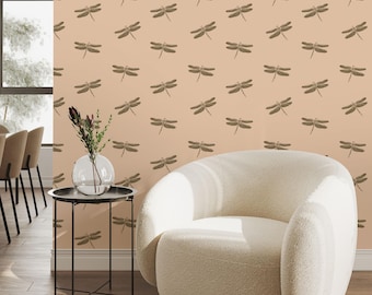 Libellebehang, vintage insectenpatroon, neutraal natuurmuurontwerp, cottage-accentmuur, zacht botanisch decor