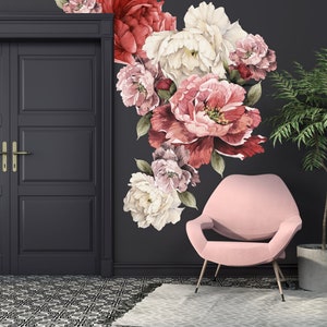 Grande décoration murale florale | Papier peint autocollant | Papier peint autocollant | Papier peint amovible | Sticker chambre de fille | Papier peint pivoine