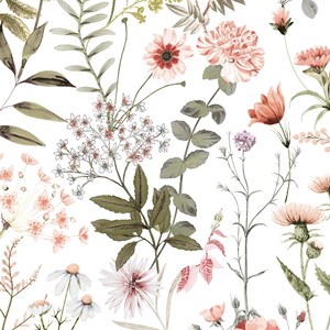 May include: A watercolour illustration of a variety of pink and white flowers with green leaves on a white background. The flowers include carnations, daisies, and other wildflowers.