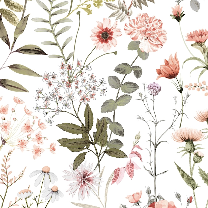May include: A watercolour illustration of a variety of pink and white flowers with green leaves on a white background. The flowers include carnations, daisies, and other wildflowers.