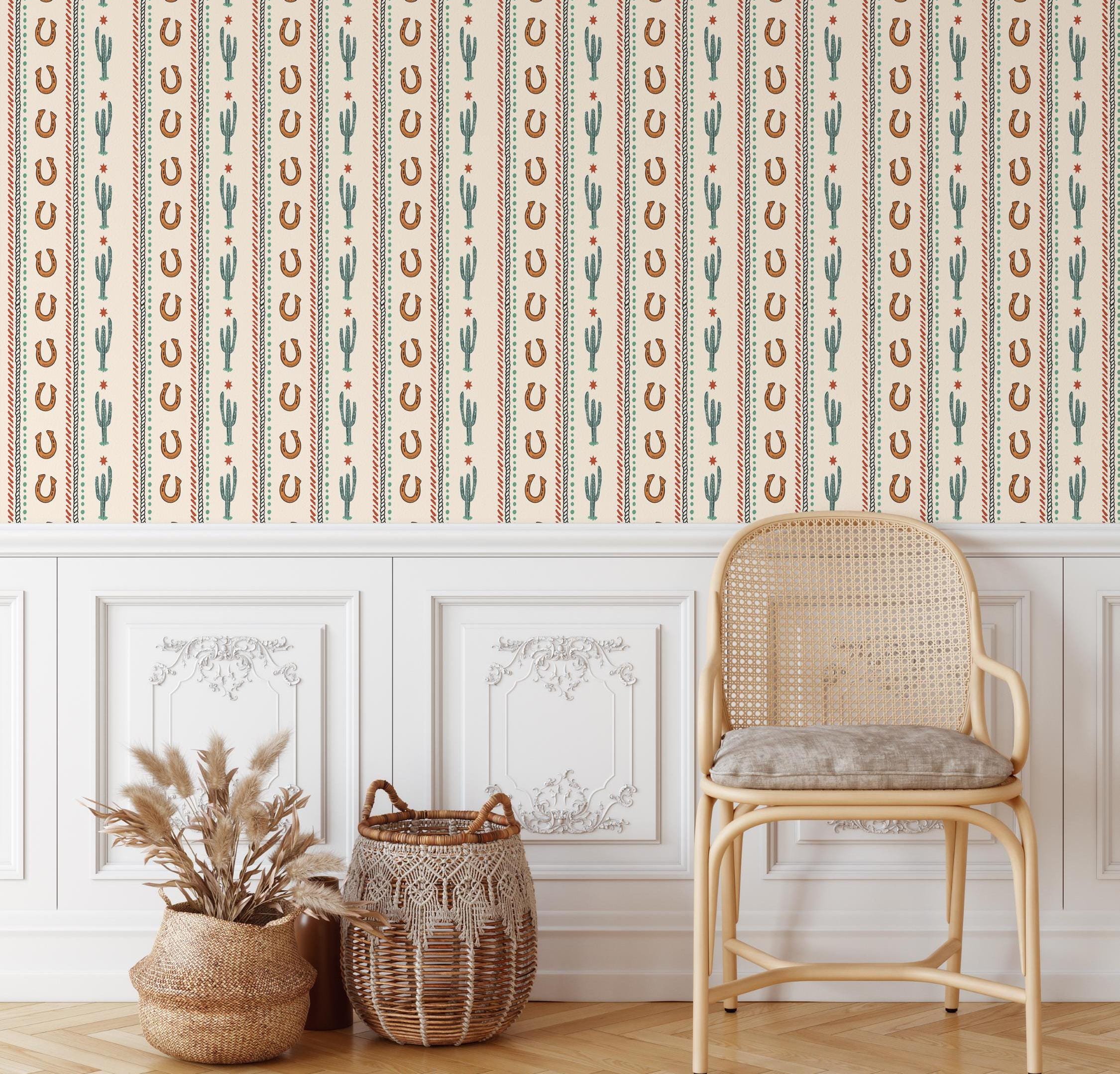 Cactus Trail Western Wallpaper, Cactus and Horseshoe Pattern, Neutral ...