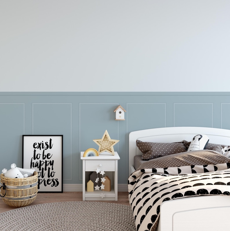 Blue peel and stick wall panels in a stylish kids' bedroom