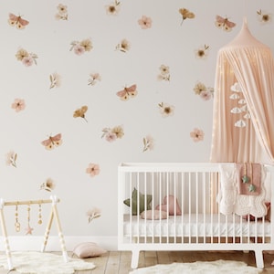 Muurstickers bohovlinder – Dusty Rose bloemenstickers voor meisjeskamer, verwijderbare muurdecoratie vlinder en bloem, bohodecor kinderkamer