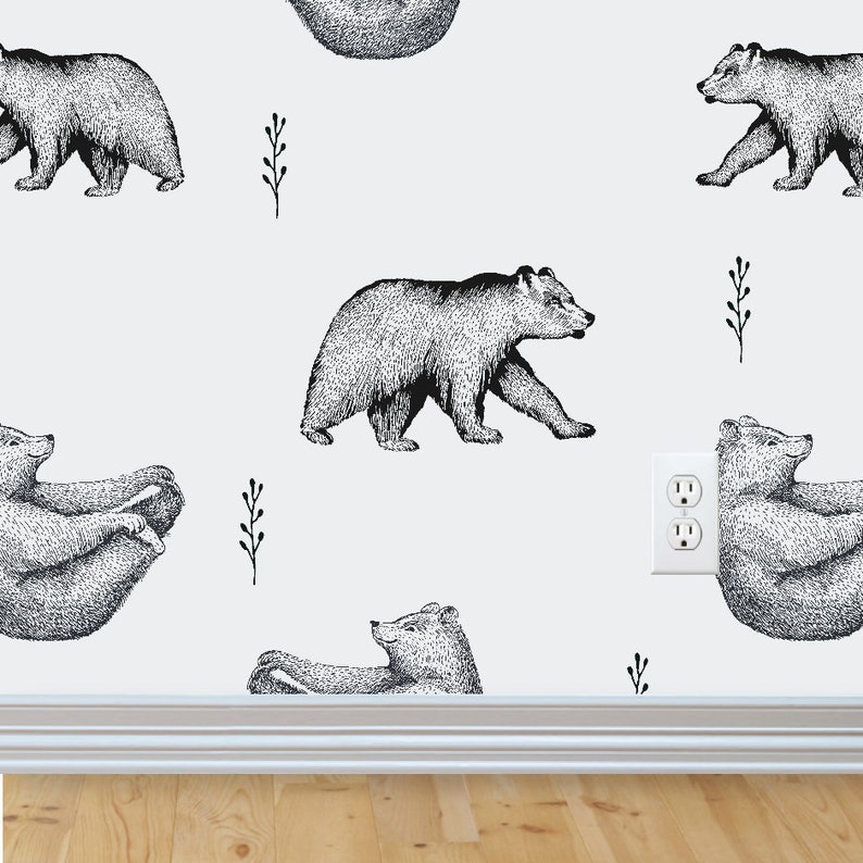 Bear Removable Wallpaper, woodland nursery, nursery wall decor, rustic nursery wallpaper, peel and stick wallpaper, baby boy nursery image 2