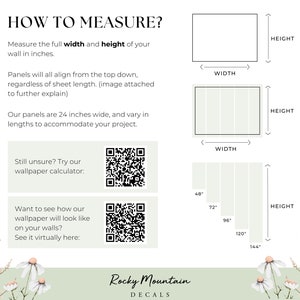 May include: A diagram showing how to measure a wall for wallpaper. The diagram shows the width and height of the wall in inches. The text explains that the panels are 24 inches wide and vary in length to accommodate different projects. It also includes QR codes for a wallpaper calculator and a virtual wallpaper viewer.