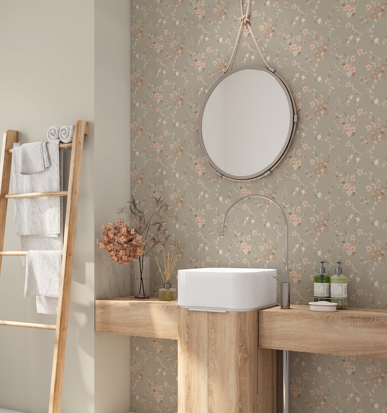 Rustic floral wallpaper in a bathroom setting, combining earthy elegance with functional design elements.