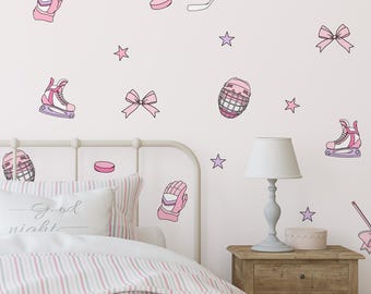 Blush Hockey Wall Decals, Girls Hockey Room Decor, Pink Hockey Decals, Hockey Nursery Decor, Girls Sports Wall Stickers