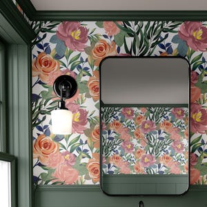 Garden Whimsy, Floral Wallpaper – Orange and Pink Flowers, Botanical Garden Wall Mural, Removable Bathroom or Kitchen Wallpaper