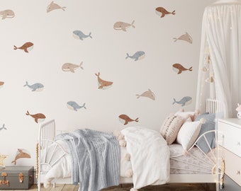 Walvis stickers/Ocean Wall Decor/verwisselbare Boho walvissen/jongenskamer/Sealife stickers/walvis Peel en Stick/kwekerij decor/walvis stickers