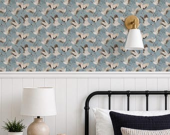 Tsuru Sky, Blue Crane Wallpaper | Japanese Bird Wallpaper, Peel and Stick Wallpaper