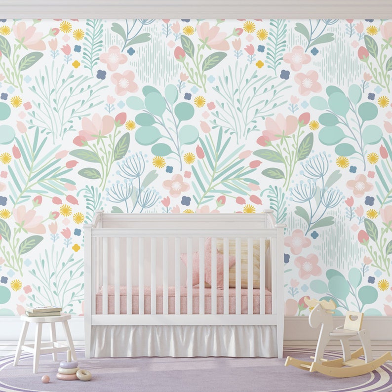 Garden Floral Wallpaper. Original Colors. Peel and Stick Etsy