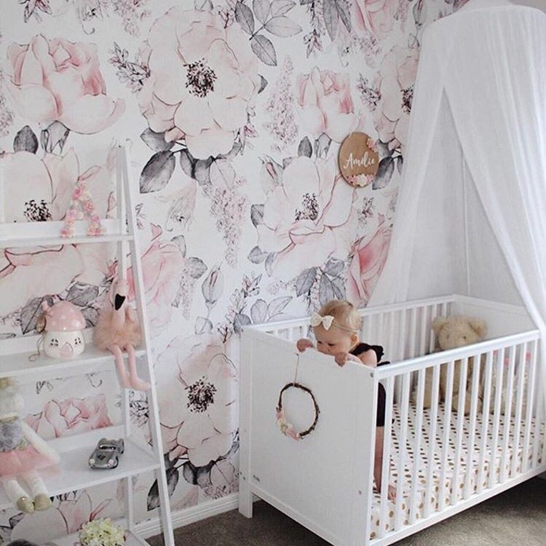 Snowy Rose Wallpaper. Wallpaper for baby room. Kids Room Floral. Reusable Wallpaper. Washable. Removable. Kids Wallpaper. Vintage. image 5