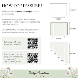 Pode incluir: Como medir uma parede para papel de parede. As instru&ccedil;&otilde;es incluem medir a largura e a altura da parede em polegadas. A imagem tamb&eacute;m mostra diferentes tamanhos de pain&eacute;is de papel de parede, que variam de 48 polegadas a 144 polegadas de altura.