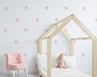 Watercolor dots fabric wall decal, Nursery wall decor, hand painted reusable stickers kids nursery playroom, Big girl room, 2 inch , Pink