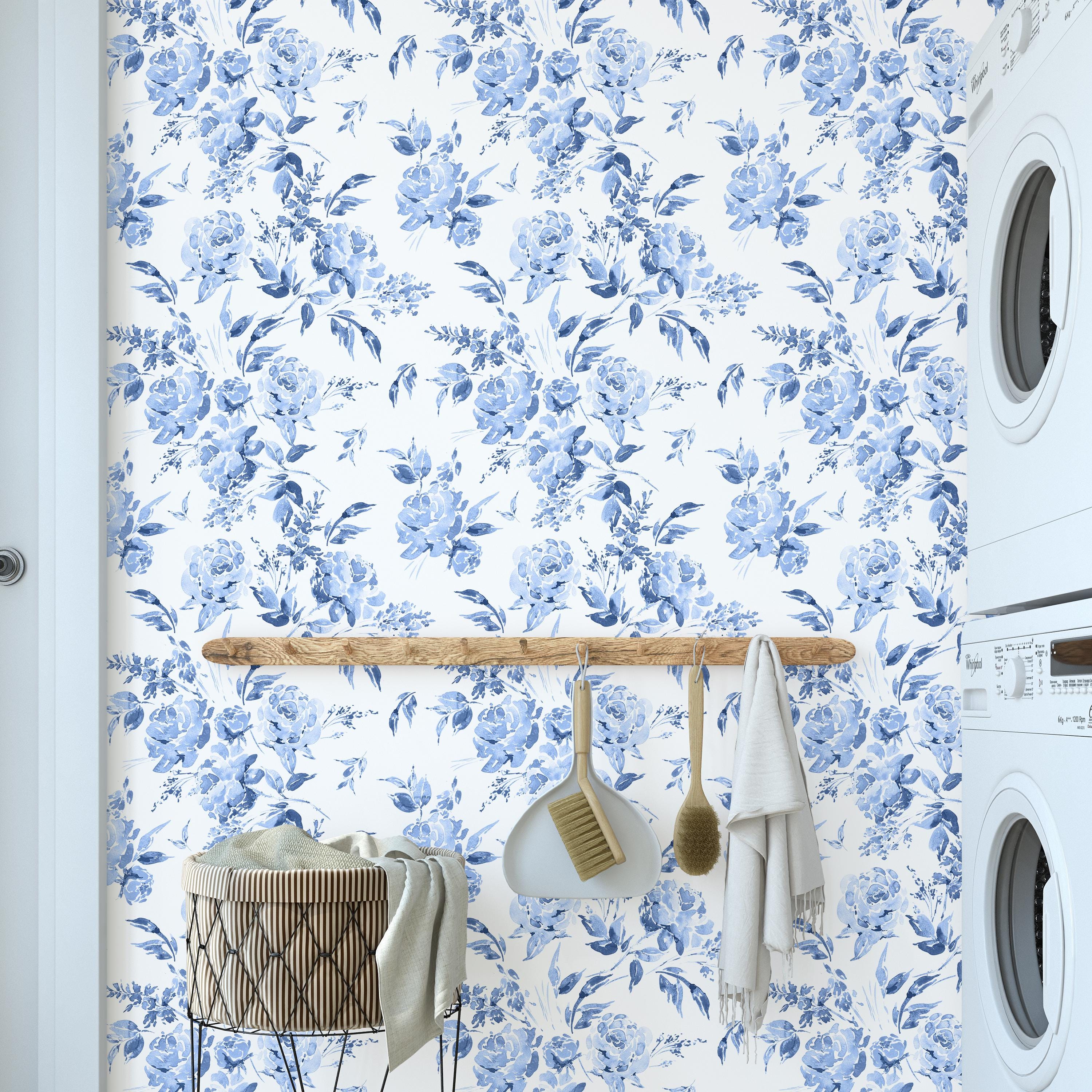 Blue Garden Toile Wallpaper, Blue Floral Wallpaper, Cottage Floral