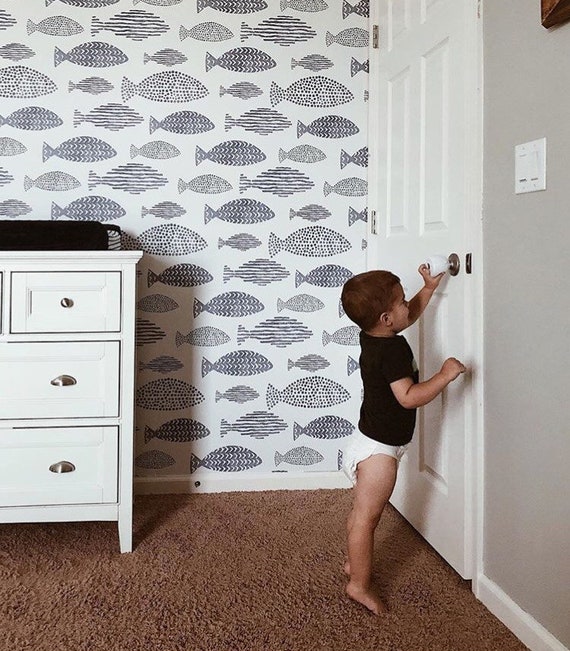 Vintage Wallpaper Peel  Stick Removable Fish Pattern Navy  Etsy  Room  decor Decor Wallpaper cabinets
