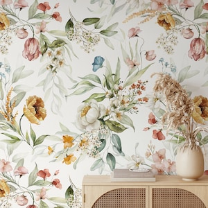 Papier peint inspiré de la nature, papier peint bohème, fleurs sauvages aquarelles, murale florale champ botanique rose, grand papier peint floral