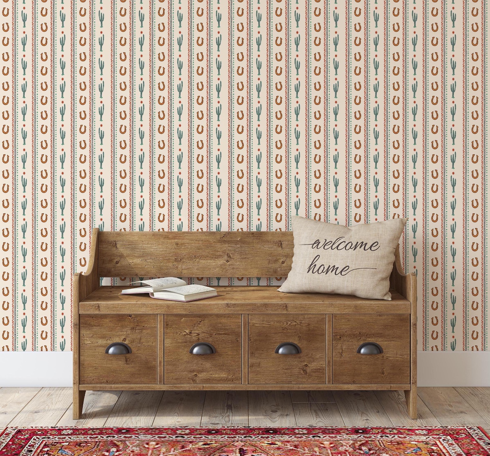 Cactus Trail Western Wallpaper, Cactus and Horseshoe Pattern, Neutral ...