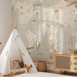 Wandbild Weltkarte für Kinder, Weltkarte Wallpaper, Charmante Kinderzimmer Wandbild | Kontinent Karte Wandbild, Weltkarte