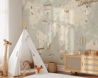 Kids Map of the World Mural, Kids World Map Wallpaper, Charming Nursery Map Wall Mural | Educational Continent Map Wall Mural, World Map