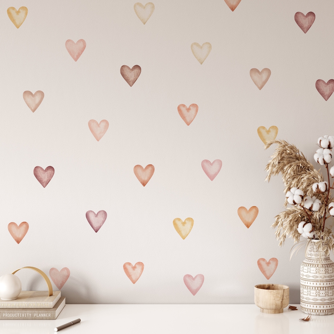 Heart Wall Decals, Watercolor Heart Wall Stickers, Girls Boho Wall ...