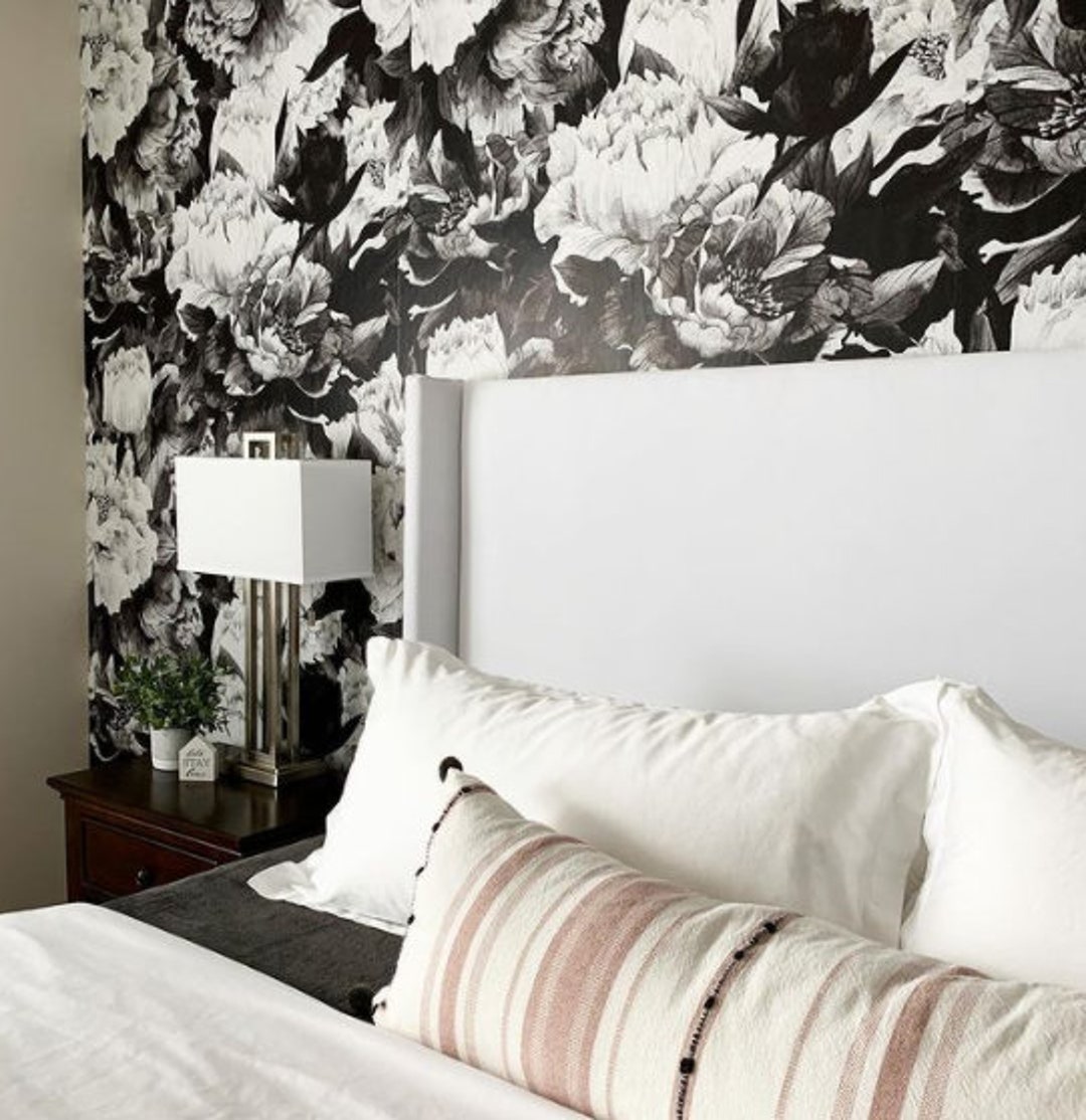 Monochrome Floral Dark Floral Wallpaper Mural Flower - Etsy